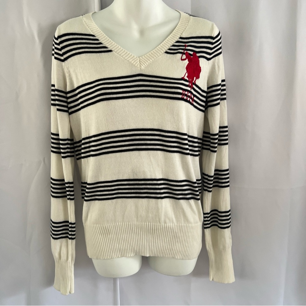 U.S. Polo Assn. Black and Cream Striped V-Neck Sweater